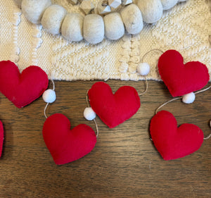 Handmade Red Hearts & White Poms Bunting