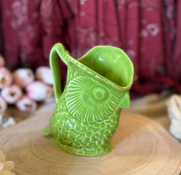 Vintage Made in Portugal Green Pottery Owl Pitcher