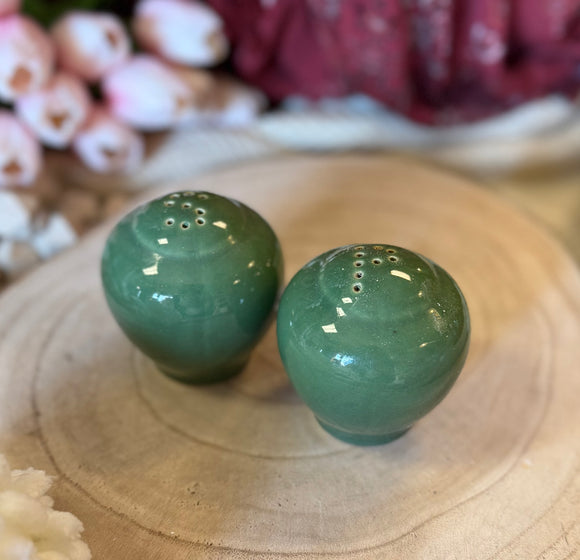 Mid-Century Green Pottery Salt & Pepper Shaker Set