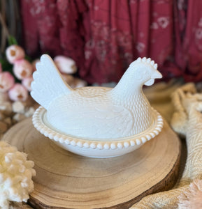 Antique Milk Glass Hen on Nest Dish