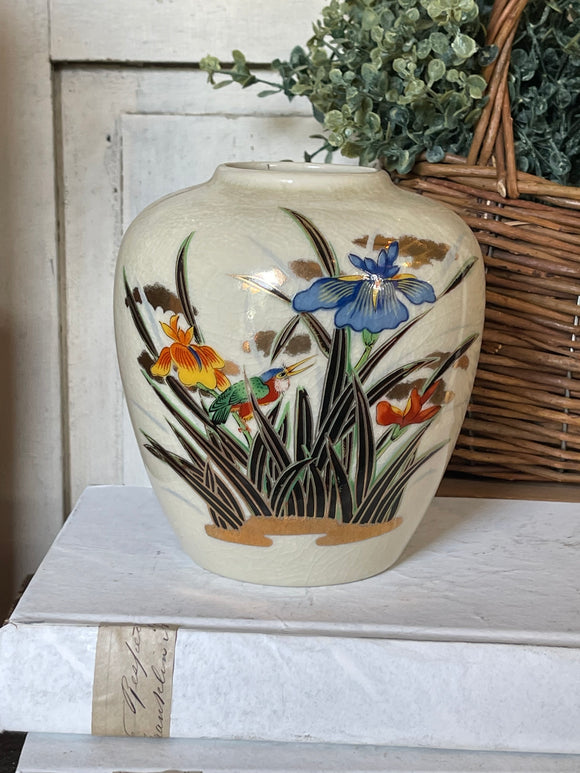 Cream Vase with Irises and Bird Design