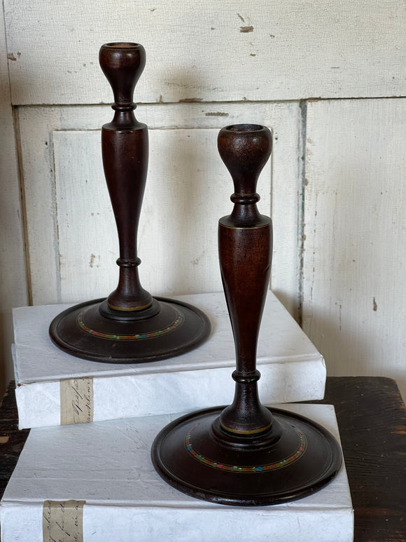 Beautiful Pair of Painted Wooden Candlestick Holders