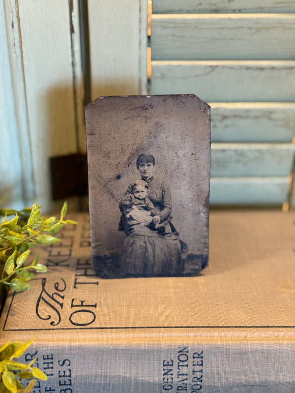 Antique Tin Type Photo with Woman and Child