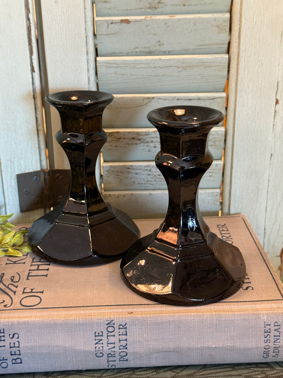 Pair of Vintage Black Glass Candlestick Holders