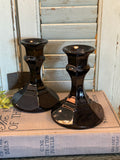 Pair of Vintage Black Glass Candlestick Holders