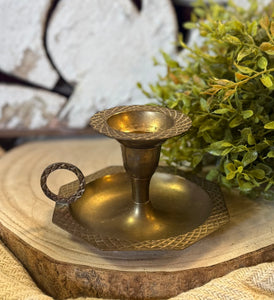 Vintage Octagonal Brass Etched Candle Holder w/ Handle