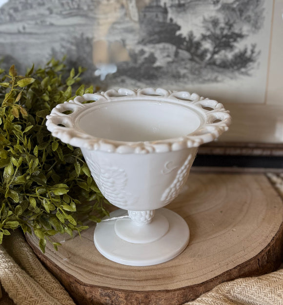 Vintage Milk Glass Compote w/ Embossed Grapes