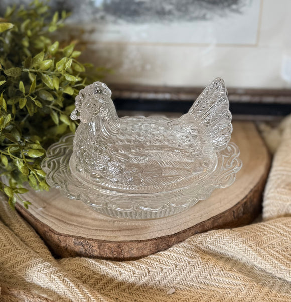 Vintage Glass Hen w/ Spilt Tail on Nest Dish