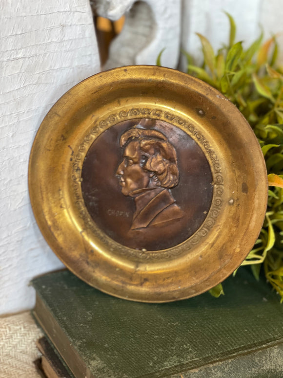 Vintage Round Brass Stamped Silhouette of Chopin Made in England