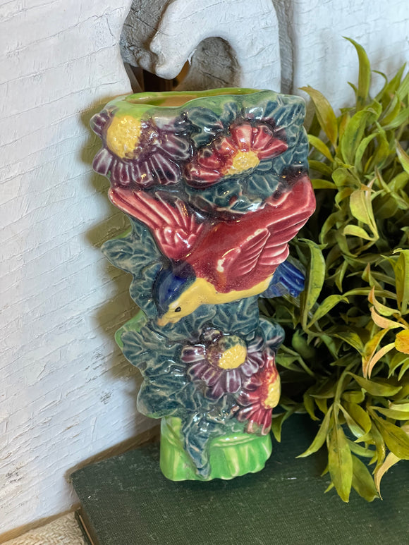 Vintage Pottery Wall Pocket With Bird and Flowers