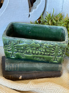 Vintage Green Planter With Tree Scene