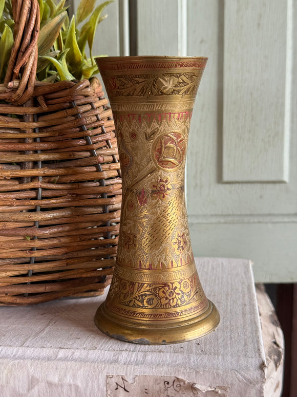 Vintage Etched Brass Vase With Peacock