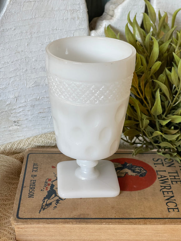 Vintage McKee Crosshatch and Thumbprint Milk Glass Goblet