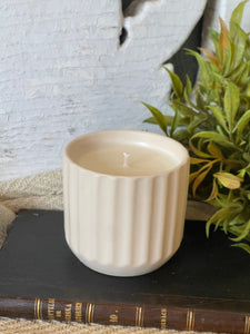 Leather + Violet 7oz Soy Candle in White Pottery