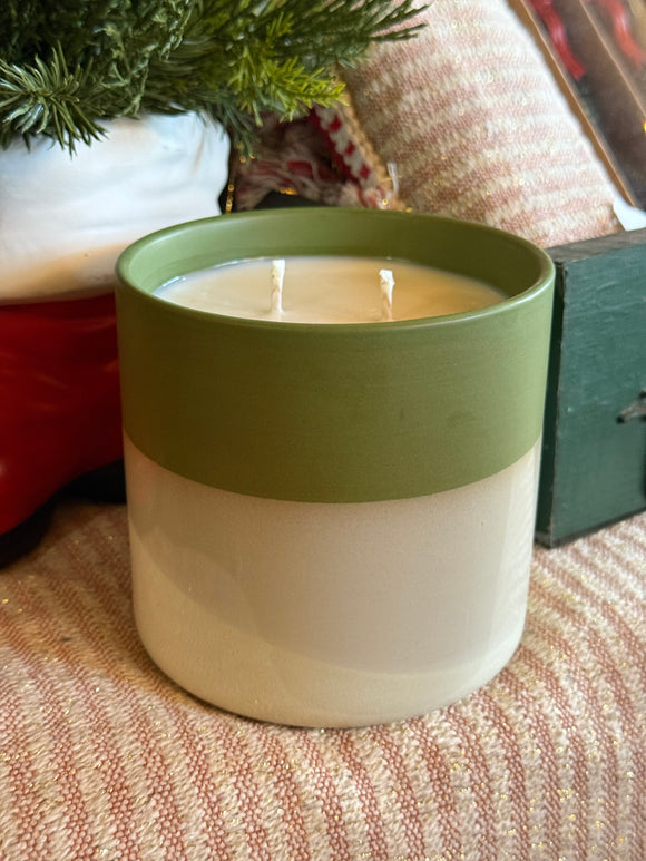 Pomegranate + Fig 32oz Soy Candle in Green Gray and Cream Pottery