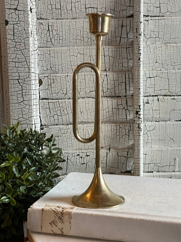 Vintage Brass Horn Candlestick Holder