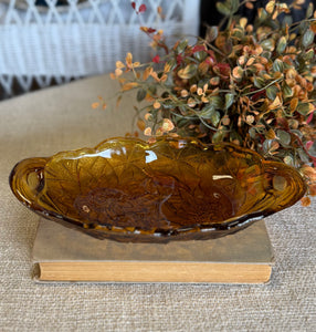 Vintage Carnival Amber Glass Dish w/ Etched Sunflowers