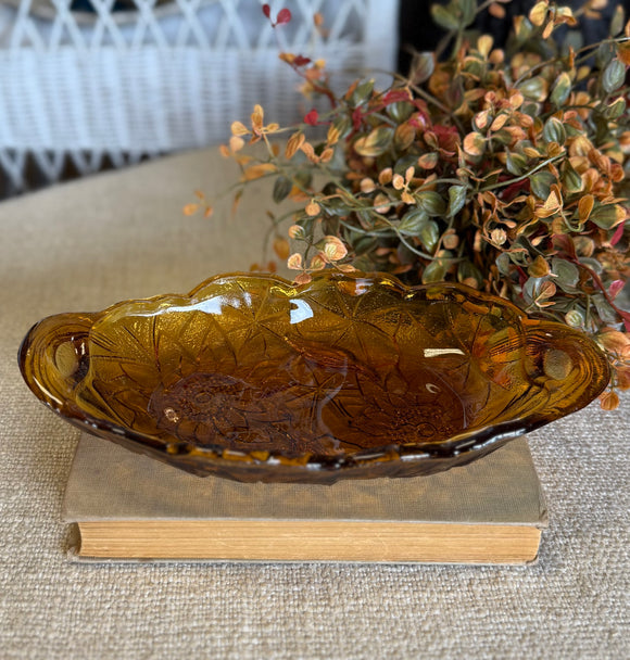 Vintage Carnival Amber Glass Dish w/ Etched Sunflowers