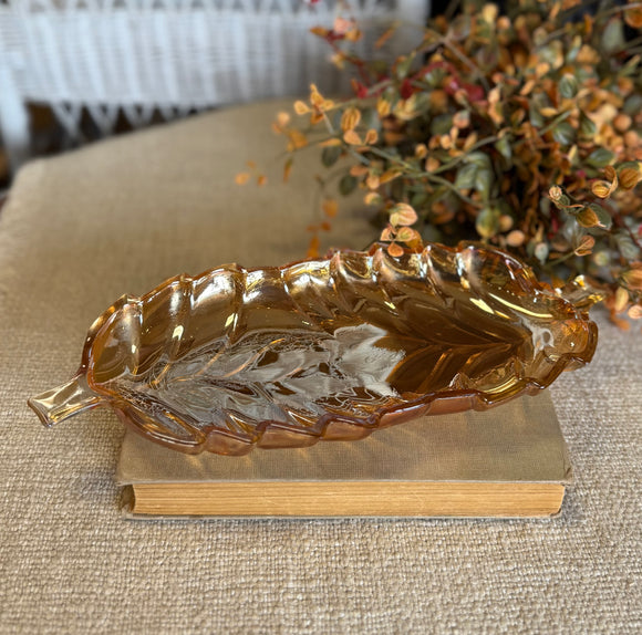 Vintage Carnival Glass Dish w/ Etched Leaves