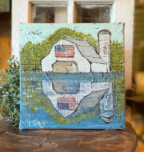 Jill Harper 8" Barn w/ Flag on Lake Canvas Art