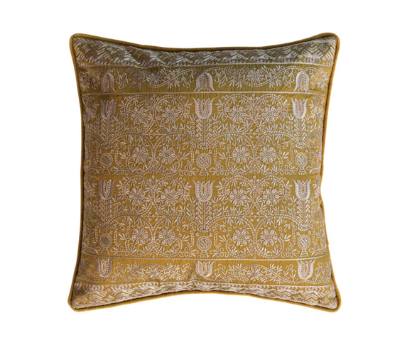 Square Chartreuse Cotton Velvet Embroidered Pillow