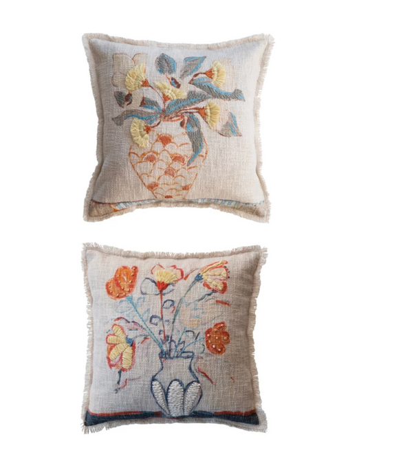 Square Cotton Floral Slub Printed Pillow