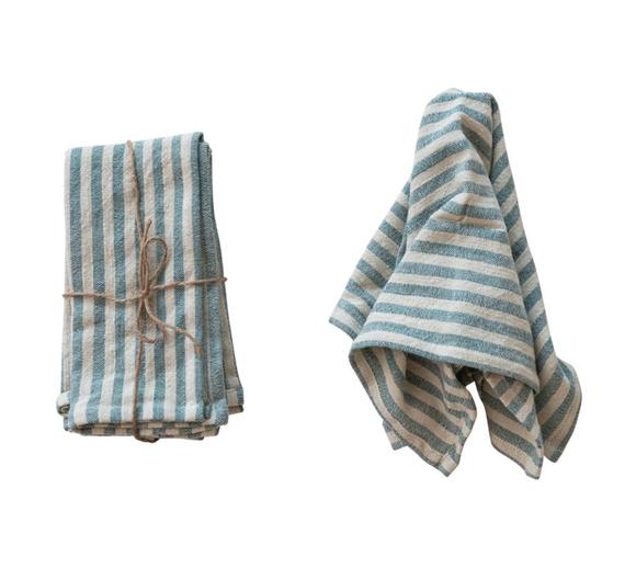 Blue and White Woven Cotton Napkins w/ Stripes