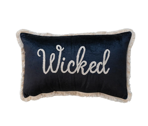 Wicked Cotton Velvet Lumbar Pillow w/ Embroidery & Fringe