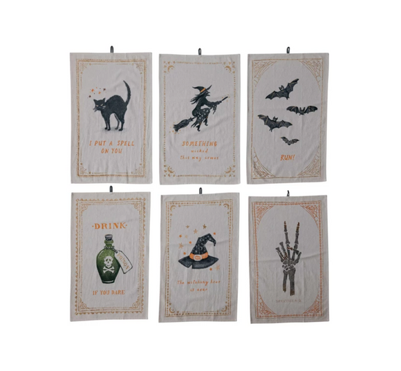 Chambray Tea Towel w/ Halloween Image & Saying