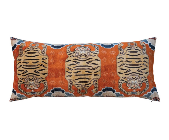 Tiger Cotton Velvet Printed Lumbar Pillow