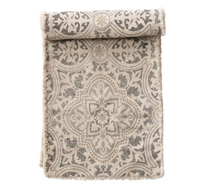 Grey Printed Table Runner w/ Frayed Edges