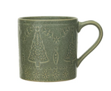 Debossed Green Stoneware Holiday Mug