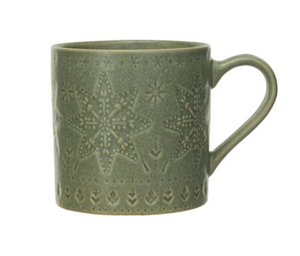 Debossed Green Stoneware Holiday Mug