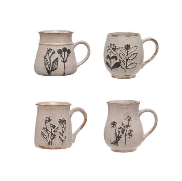 Debossed Stoneware Mug w/ Floral Design