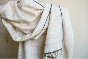 Natural & Navy Thick Stripe Eri Silk Hand Spun & Hand Woven Scarf