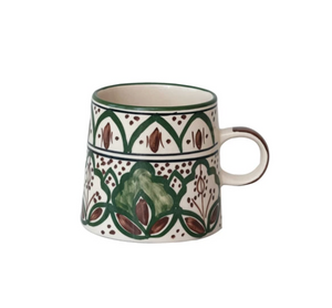 Hand-Painted Stoneware Mug w/ Green & Brown Design