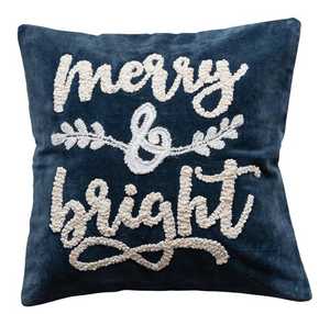 Square Navy Velvet Merry & Bright Embroidered Pillow