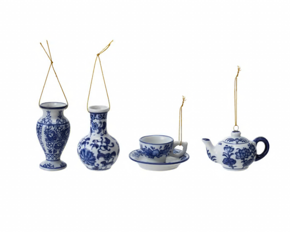 Stoneware Blue & White Teacup/Teapot Ornament
