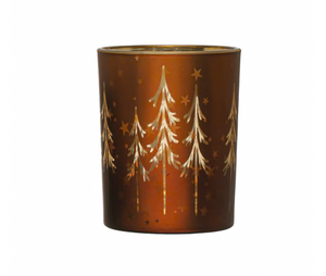 Brown Mercury Glass Votive w/ Laser-Etched Trees