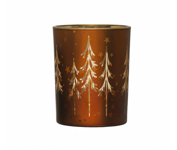 Brown Mercury Glass Votive w/ Laser-Etched Trees