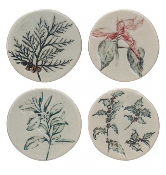 Debossed Stoneware Coaster Set w/ Botanical