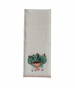 Embroidered Linen Table Runner w/ Flowers in Urn