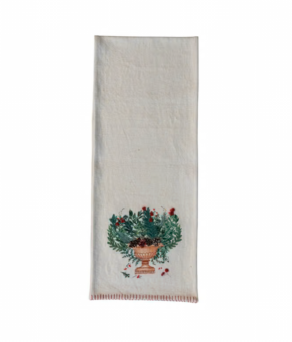 Embroidered Linen Table Runner w/ Flowers in Urn