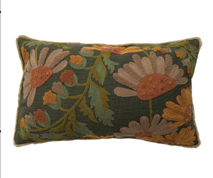 Lumbar Pillow with Flowers, Fringe & Chambray Back