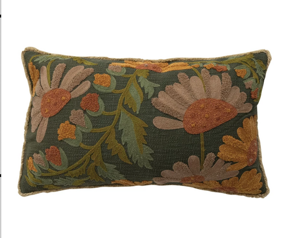 Lumbar Pillow with Flowers, Fringe & Chambray Back