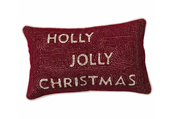 Beaded Cotton Velvet Lumbar Pillow w/ Embroidery 