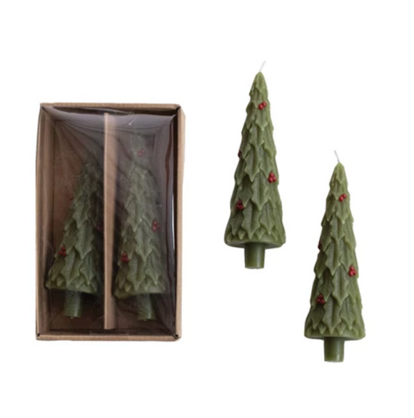 Unscented Tree Shaped Taper Candles in Box w/ Holly