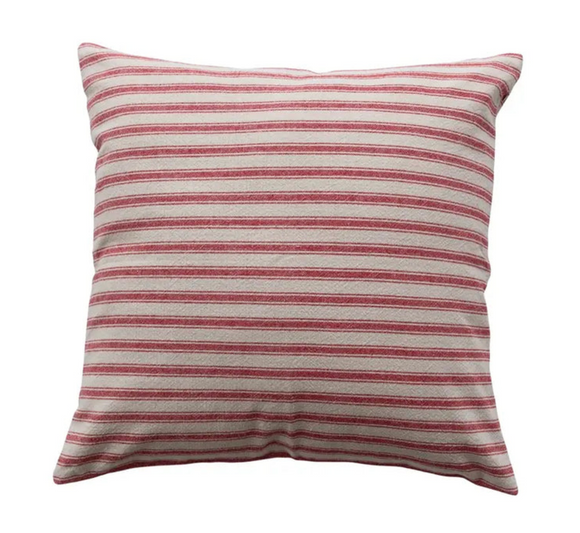 Woven Cotton Pillow w/Stripes Red & Natural
