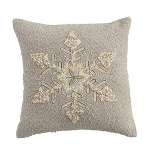 Square Cotton Slub Pillow w/ Embroidered Snowflake & Beads