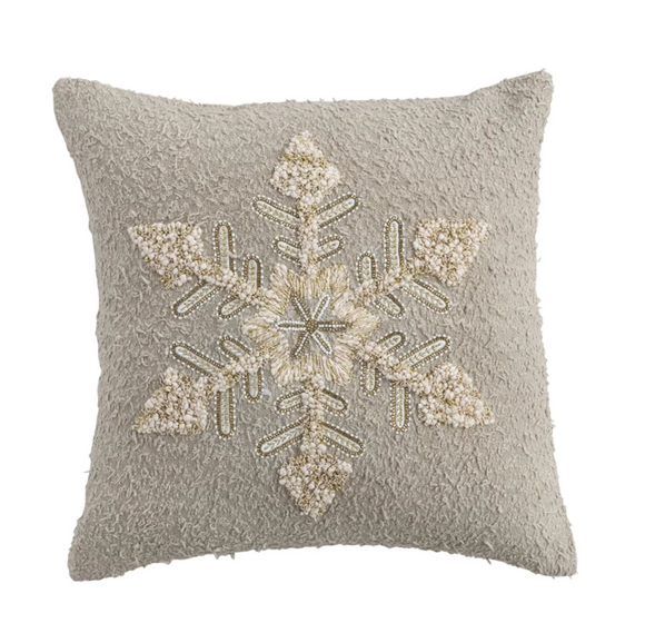 Square Cotton Slub Pillow w/ Embroidered Snowflake & Beads